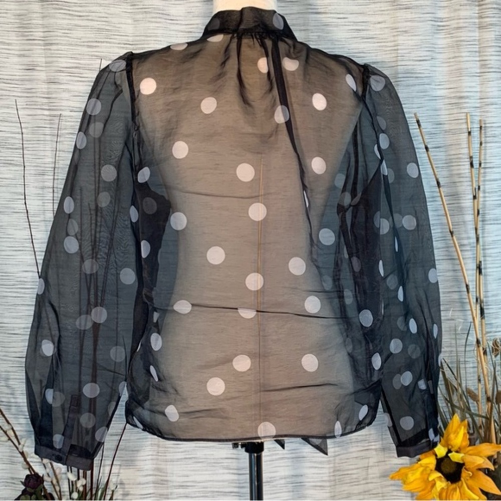 White House Black Market black and white polka-dots mesh see-through blouse. - Picture 7 of 16